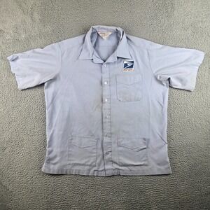 Vintage USPS Postal Service US Mail Button Shirt Adult L/XL Blue Short Sleeve